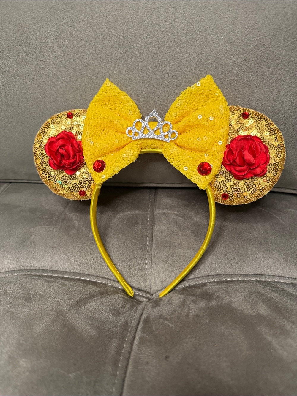 Belle Princess Mouse Ear Headband with Red Rose Accents